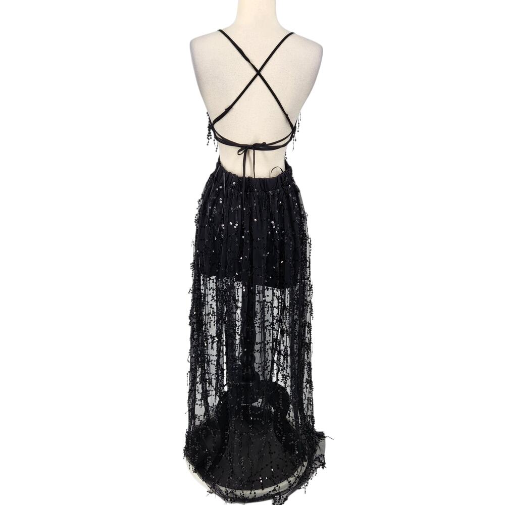 NWT Dress Day Sequin Plunge Neckline Open Back Formal Gown Long Sheer Skirt - Picture 6 of 10